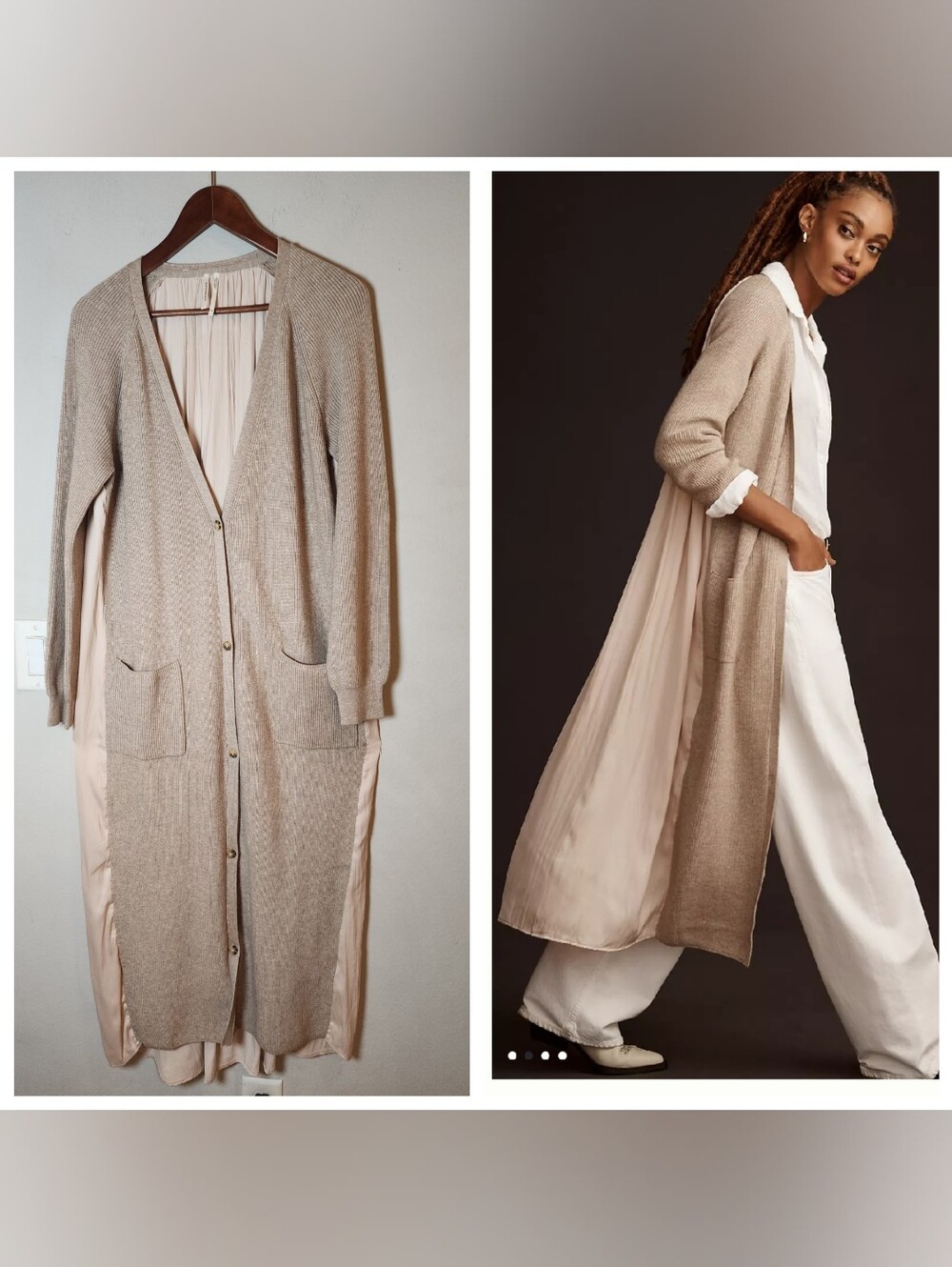 Anthropologie Long Twofer Cardigan Sweater Button Front Pockets Beige Size M